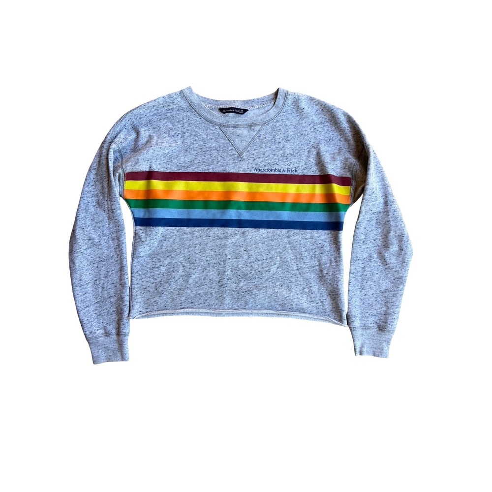 Abercrombie & Fitch Womens XS Grey Rainbow Multi Stripe Cropped Sweatshirt Cozy